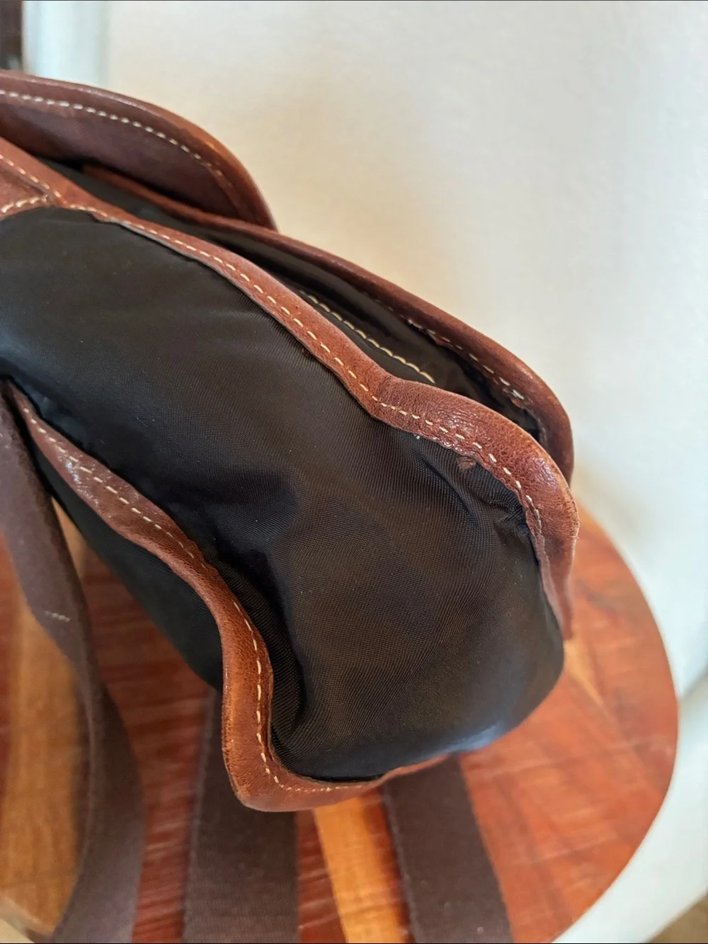Fossil Black Nylon Messenger Bag with Brown Leather Trim euc